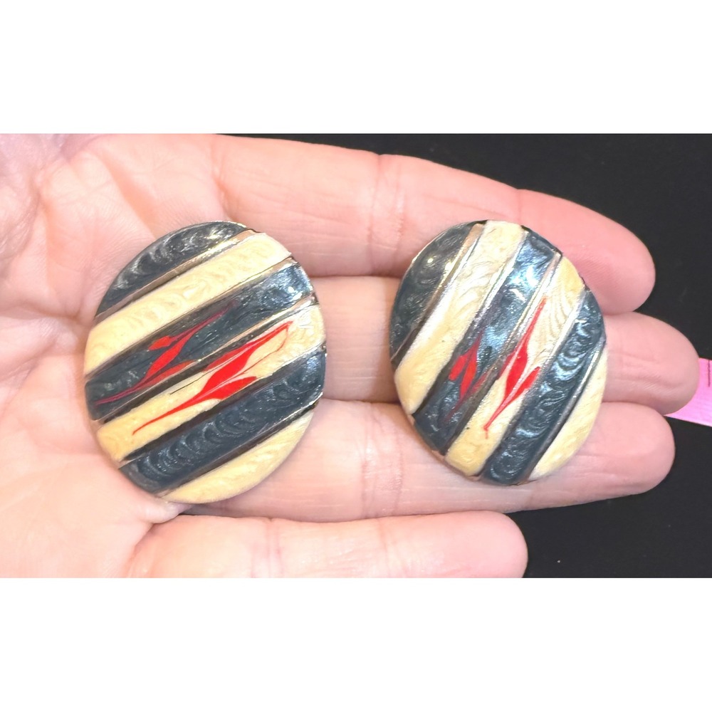 Vintage Abstract Striped Oval Stud Earrings Grey Cream Red Statement Jewelry